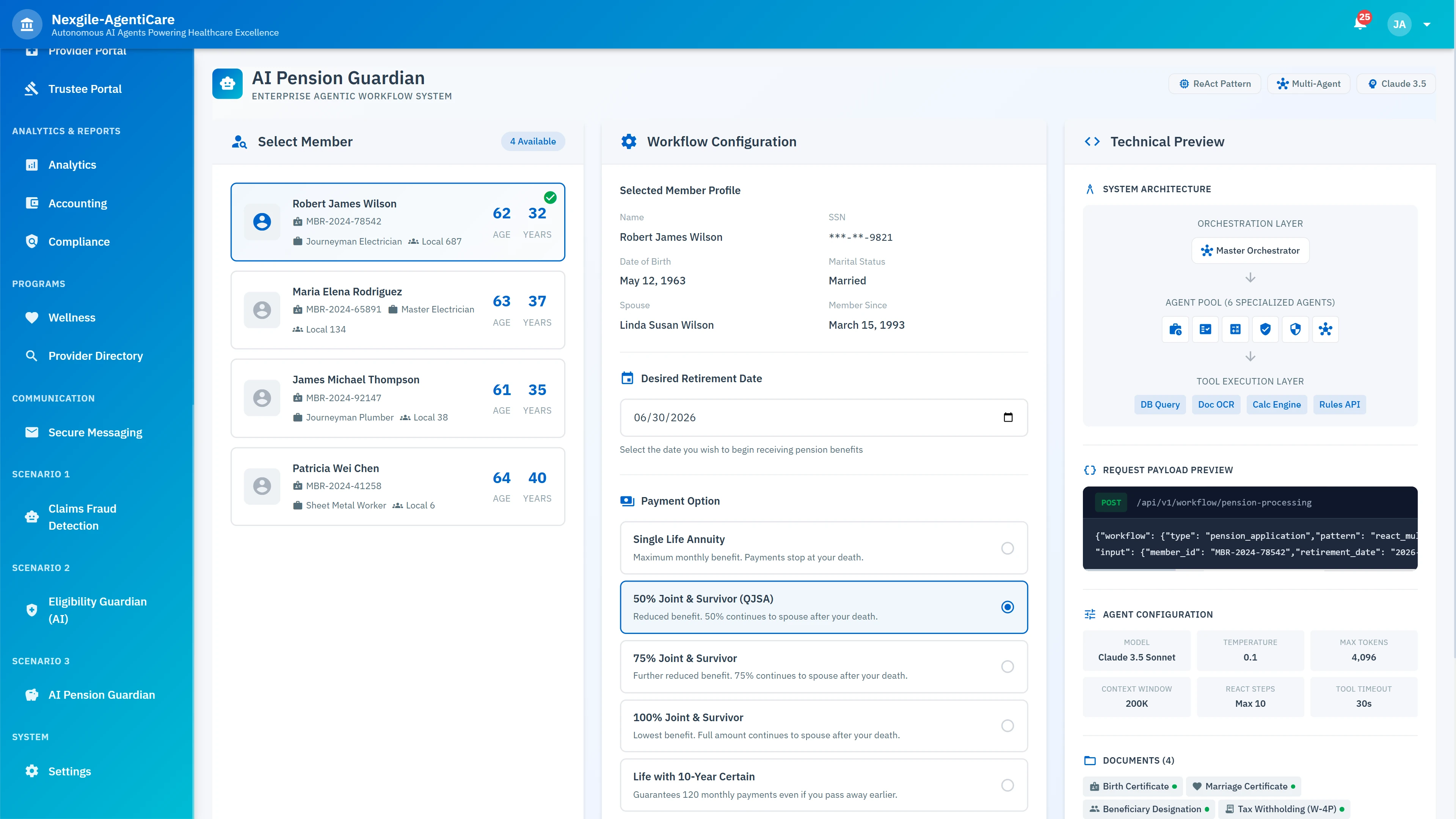 Retirement application input interface with member selection, payment option configuration (QJSA, Joint & Survivor, Life Certain), and system architecture preview
